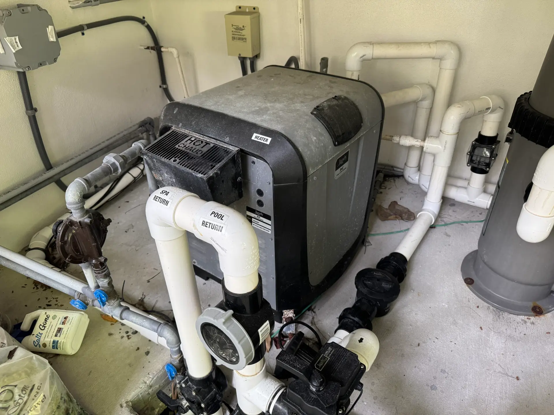 Gas pool heater with spa and pool return lines repaired by Pool Repair Naples FL